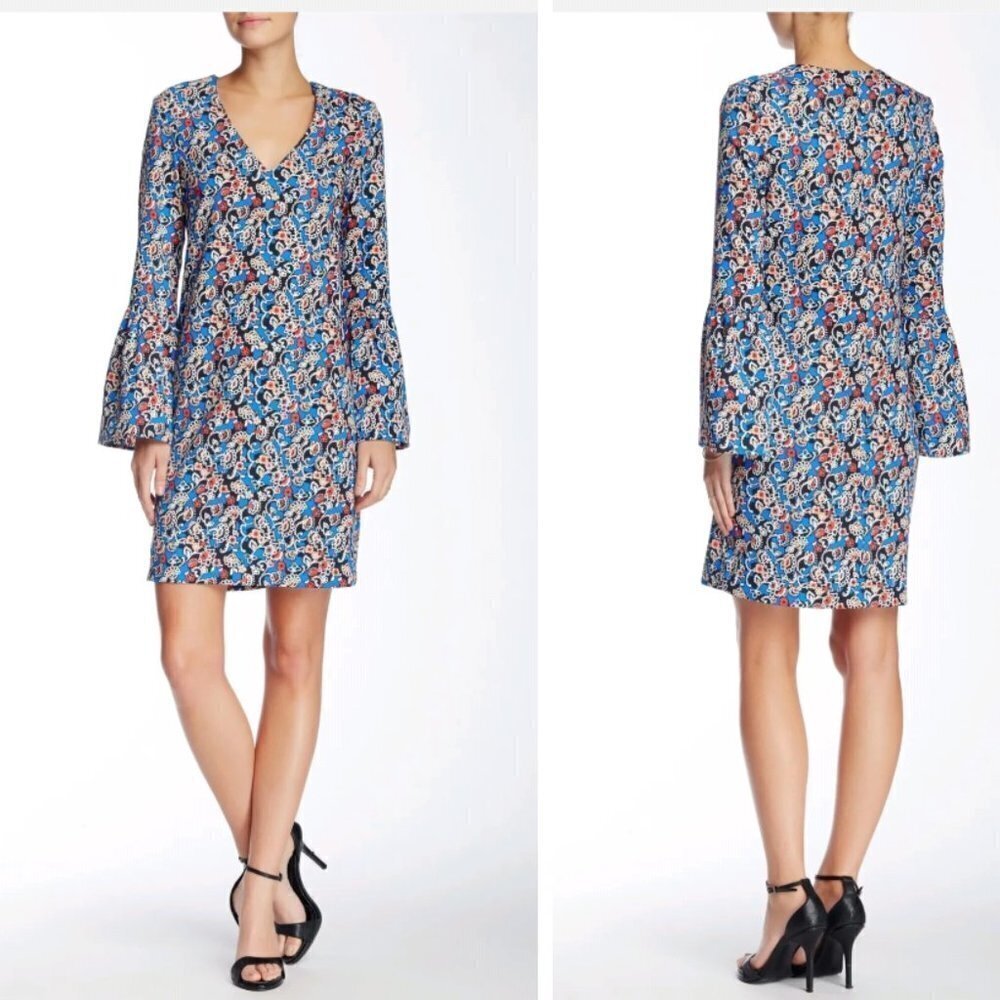 (#467) Charles Henry Vine Floral Print Bell Sleeve Shift Dress Size M